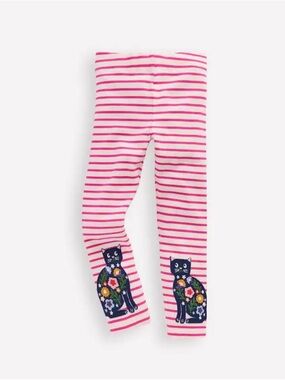Mini Boden Pink Striped appliqué Leggings with embroidered Floral Cats